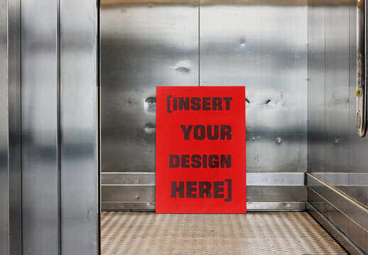 Front View Of Mockup Poster Inside Elevator Of Industrial Building. 
