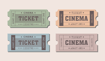 Set of vintage movie tickets, tickets cinema on old colored paper