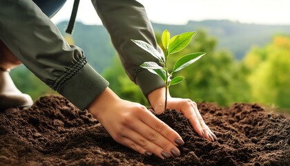 Close-up of hands planting a tree sapling