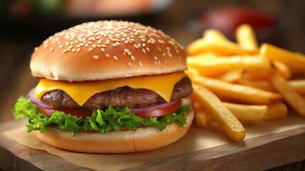 Fresh hamburger fast food with beef and cheese,chili peppers flying