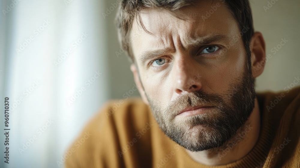 Aufkleber A man displays a serious demeanor, lost in thought as he contemplates quietly, revealing depth and intensity in his expression. Generative AI