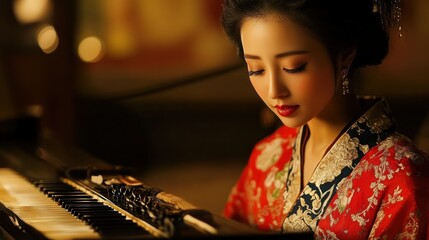 Woman in Traditional Clothing Playing a Piano in a Dimly Lit Room