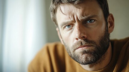 A man displays a serious demeanor, lost in thought as he contemplates quietly, revealing depth and intensity in his expression. Generative AI