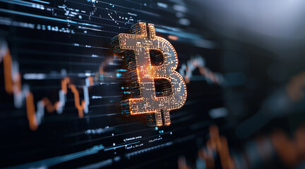 Abstract bitcoin signs glowing with vibrant colors, symbolizing digital currency and modern finance, futuristic visualization