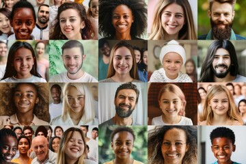 Fototapeta premium A vibrant collage of joyful couples and families showcasing diverse generations and ethnicities captured in joyful expressions of life and love