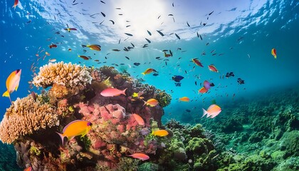 Naklejka premium Coral reef teeming with colorful fish