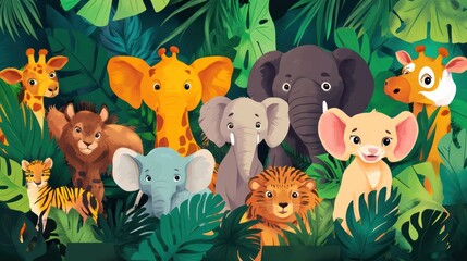 Naklejka premium A vibrant group of cartoon animals amidst lush jungle foliage, featuring elephants, a tiger, and a giraffe, creating a lively and cheerful scene.