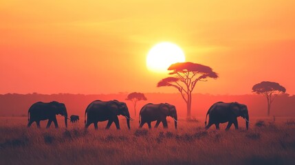 Fototapeta premium A peaceful scene of elephants walking at sunset, silhouetted against a vibrant orange sky, embodying the beauty of nature.