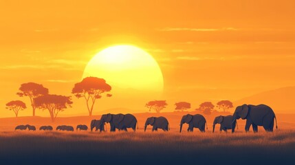 Fototapeta premium A serene sunset scene featuring a herd of elephants silhouetted against a vibrant orange sky.