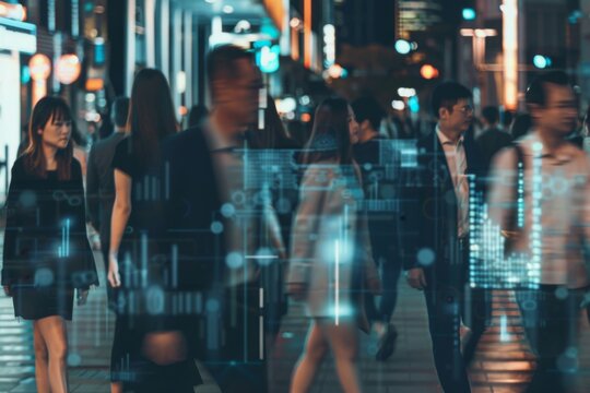 Crowd of business professionals captured by technology in a bustling urban street during the evening rush hour
