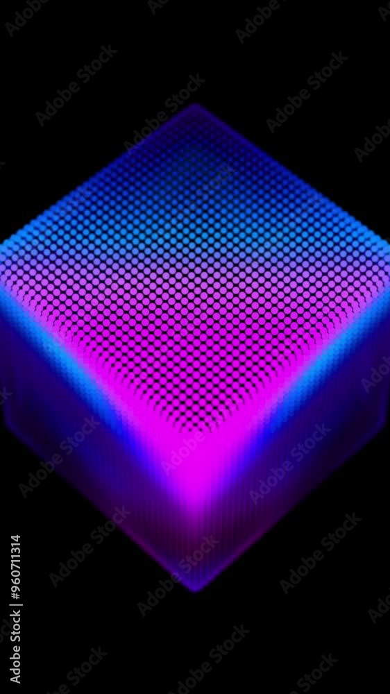 Poster looped distortion waves on abstract cube of particles. digital data splash of box point array. futur