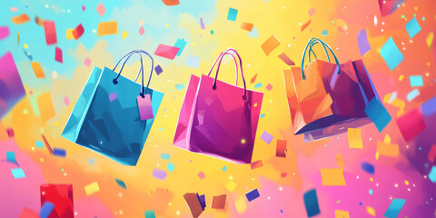 A colorful, whimsical background with floating shopping bags, sale tags, and playful, swirling confetti, set against a bright, cheerful color palette.