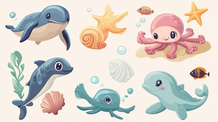 Fototapeta premium Whimsical underwater scene featuring cute cartoon sea creatures like dolphins, an octopus, and seashells in vibrant colors.