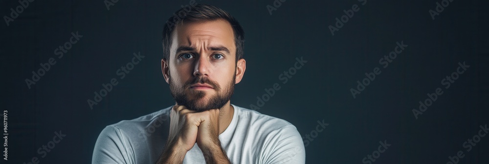 Poster a serious man with a beard appears lost in thought while resting his chin on his hands, surrounded b