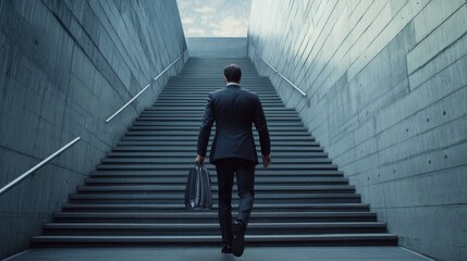 A focused businessman in a suit walks up stairs, symbolizing ambition and progress.