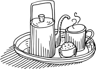 Tea service, kettle Food and drinks in boho style. Hand drawn minimal design. Perfect for wallpaper, template, banner, wall decor, print, postcard, cover. Vector illustration