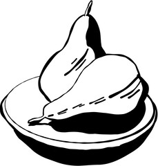 Two pears on a plate Food and drinks in boho style. Hand drawn minimal design. Perfect for wallpaper, template, banner, wall decor, print, postcard, cover. Vector illustration