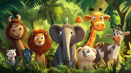 Fototapeta premium A colorful group of cartoon animals in a vibrant jungle setting, showcasing a lion, elephant, giraffe, and more, radiating joy and camaraderie.