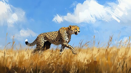 Obraz premium A cheetah gracefully strides through golden grasslands under a bright blue sky.