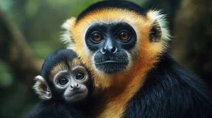 Obraz premium A close-up of a black and orange gibbon with its baby, showcasing a bond of love and nurturing in a lush jungle setting.