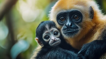 Obraz premium A tender moment between a mother gibbon and her infant, showcasing their close bond in a lush green environment.