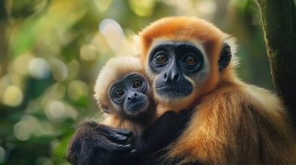 Obraz premium A tender moment between a mother gibbon and her baby, showcasing their affectionate bond in a lush green environment.