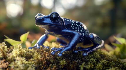 Obraz premium A vibrant blue frog with striking black spots sits on a mossy surface, showcasing its vivid colors in a lush, natural setting.