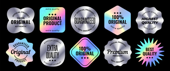 Set of holographic labels. Silver Hologram stickers of different shapes with text stamps. Original product, guarantee and premium quality. Marketing Labels. Vector illustration isolated on background