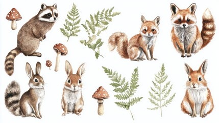 Naklejka premium A charming illustration featuring woodland animals, including raccoons, foxes, and rabbits, surrounded by ferns and mushrooms.