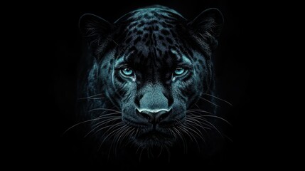 Obraz premium A striking black panther with piercing blue eyes against a dark background, exuding strength and mystique.
