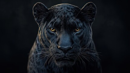 Obraz premium Close-up of a majestic black panther, showcasing its striking golden eyes and sleek black fur against a dark background.