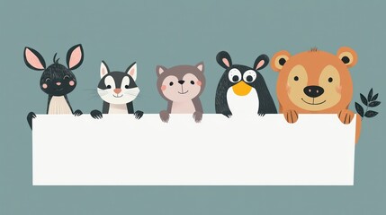 Obraz premium A cheerful group of cartoon animal characters on a blank sign, perfect for children's themes.