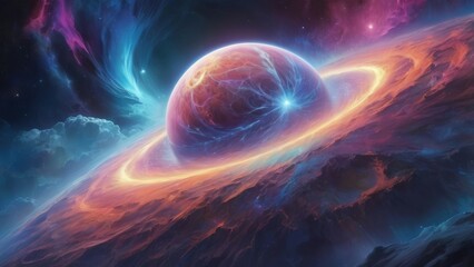 Fototapeta premium A celestial body with a glowing ring, surrounded by nebulas.