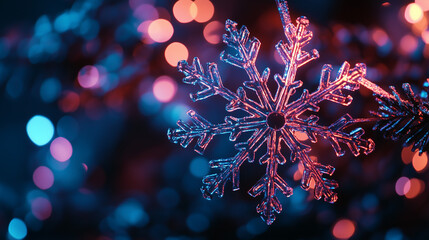 Close-up of a snowflake decoration with bokeh lights for festive use.