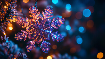 Close-up of a sparkling snowflake decoration with bokeh lights, suitable for holiday and winter themes.