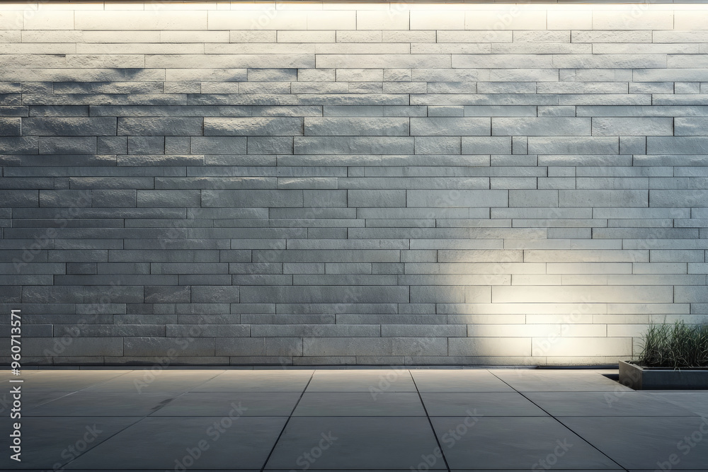 Wall mural A smooth, light gray brick wall with even surfaces, illuminated by soft, ambient lighting for a clean, minimalist look.