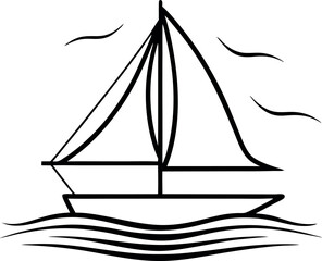 Minimalist Outline of a Sailboat on Wavy Water with Abstract Lines Depicting Wind Movement