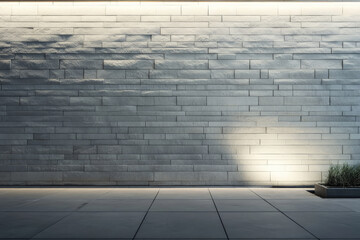 Fototapeta premium A smooth, light gray brick wall with even surfaces, illuminated by soft, ambient lighting for a clean, minimalist look.