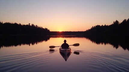 Obraz premium Kayaking in Northwest Ontario, Canada, at dusk on a serene lake.