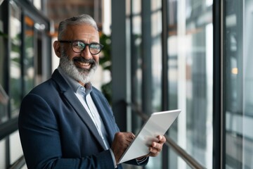 Stylish mature Hispanic businessman using fintech application on digital tablet in modern office