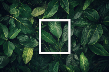 Obraz premium Top view of dense green foliage with white square frame, ideal for eco-centered design.
