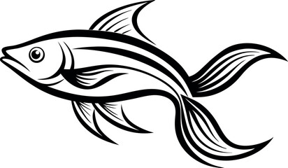Elegant Black and White Fish Illustration with Stylized Line Art Design on a White Background