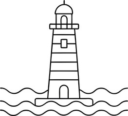 Simple Black and White Lighthouse Illustration with Ocean Waves in Minimalist Style