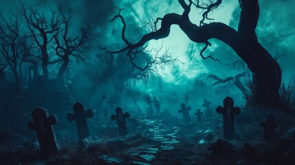 A Graveyard Path Through a Foggy Forest at Night