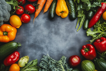 Top view of fresh colorful vegetables on dark background, ideal for food blogs and market themes.