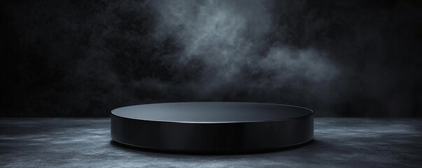 A round, black podium with a glossy finish, placed in front of a dark, dramatic background with subtle lighting to highlight the podiumâ€™s edges.