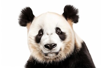 Naklejka premium A charming headshot of a smiling panda gazing warmly at the viewer, set against a pristine white background