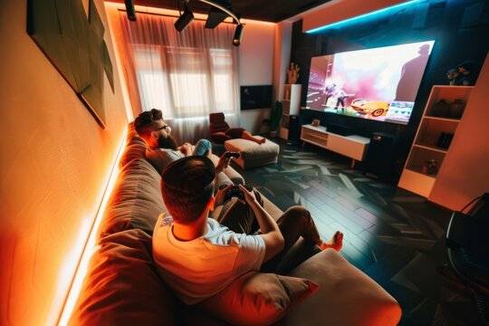 Modern home media room featuring friends gaming together on a big sofa with a projection screen