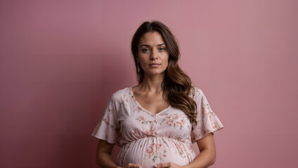 Obraz premium Mother's day greeting card, A pregnant mother with a baby in her belly, a mother on a pink isolated background
