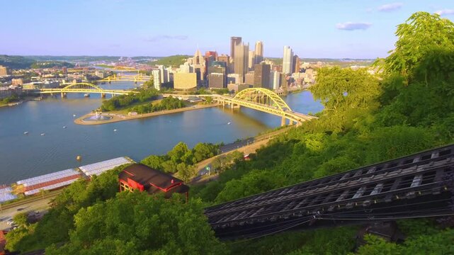 Aerial Footage of Duquesne Incline in Pittsburgh during Summer 